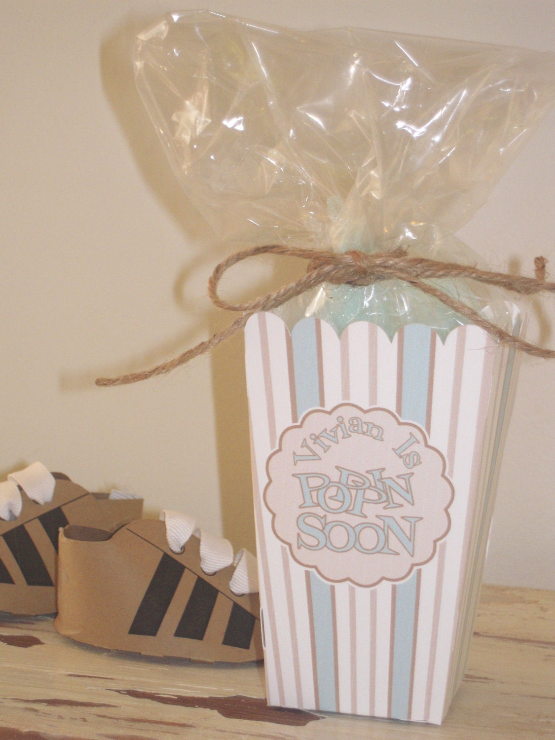 Baby Shower, Birthday Theme Blue/Taupe brown Striped Popcorn Boxes