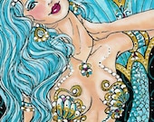 PRINCESS of CYAN   mermaid aceo blue print jewelry seashells - DianaMartinStudio