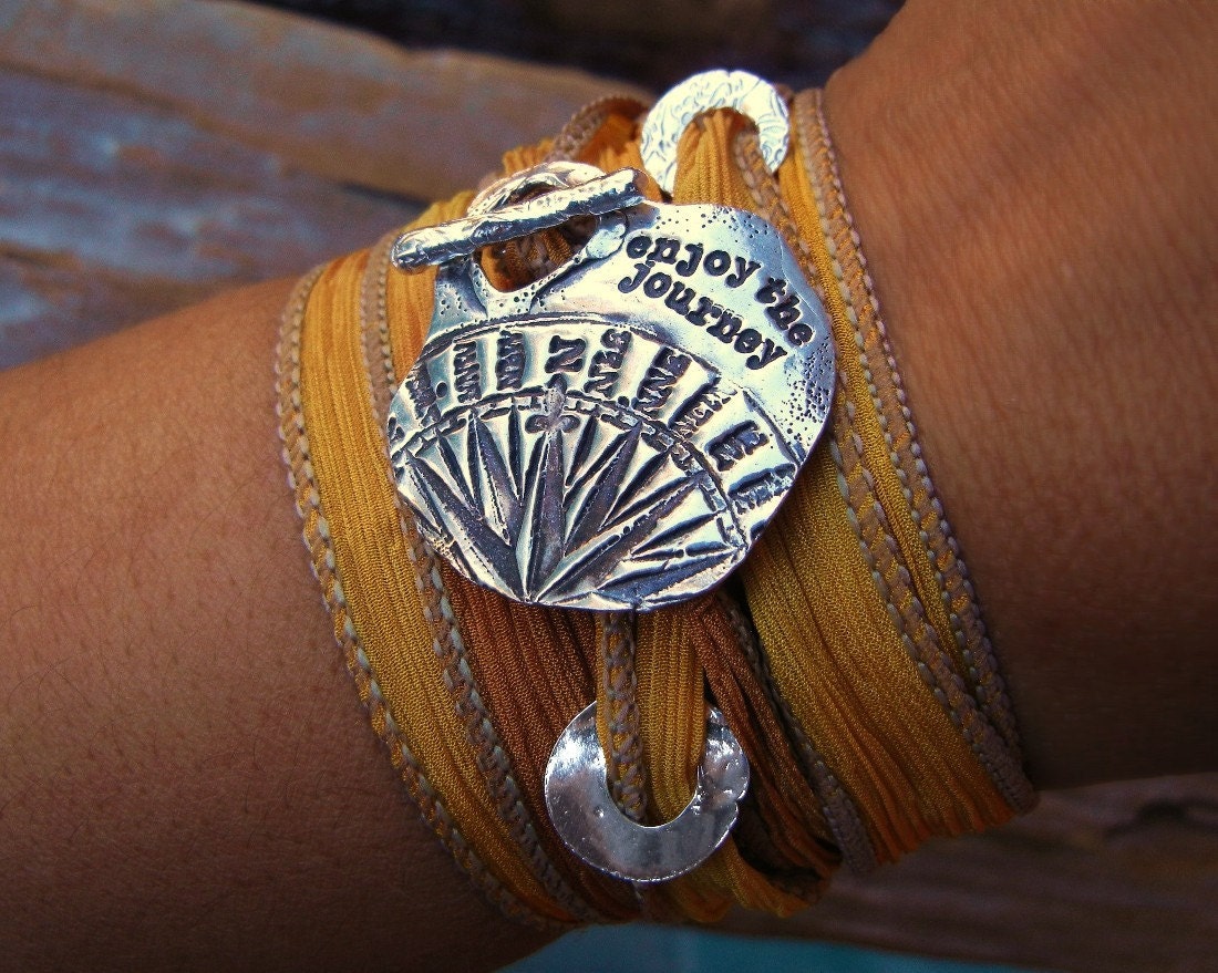 Travel Jewelry, Inspirational Quote Jewelry, Silver Artisan Jewelry, Silver Compass Bracelet, Enjoy the Journey, Yellow, Any Color