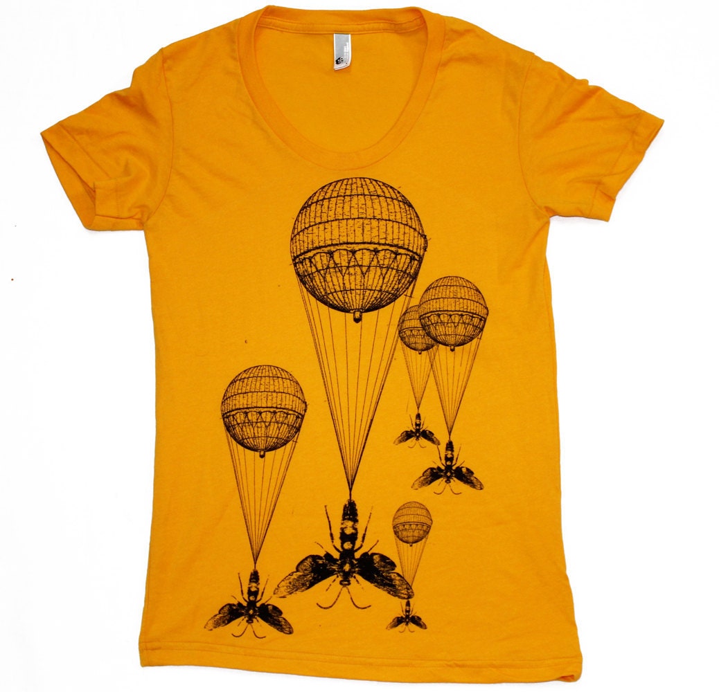 Womens Steampunk INSECT hot air balloon T Shirt american apparel S M L XL (Gold)