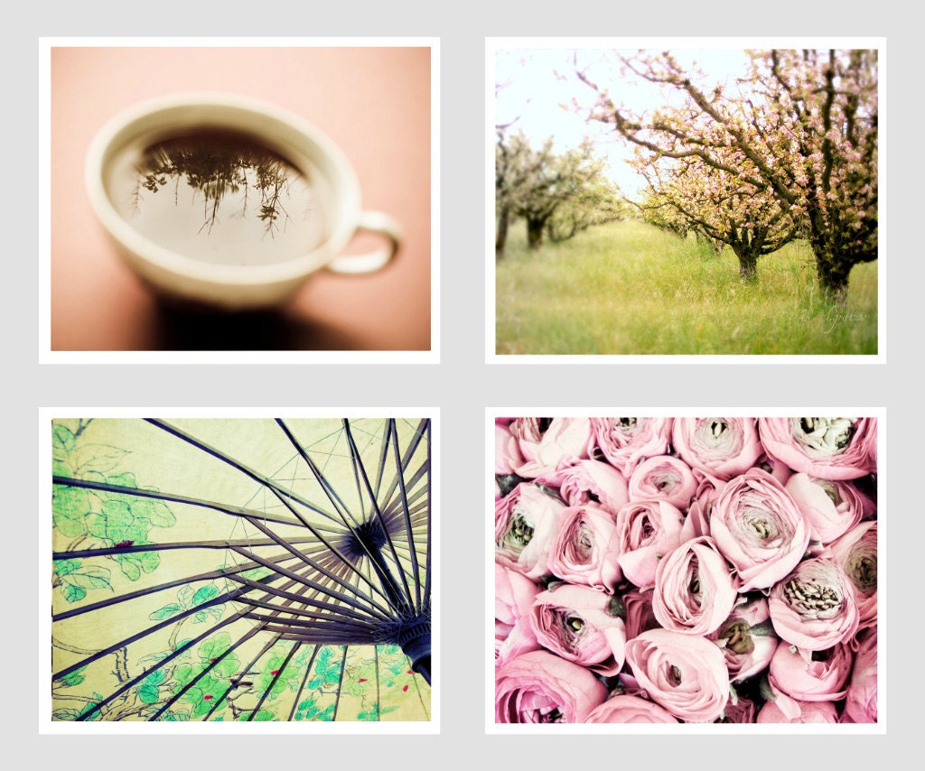 SALE - Photography - Tea Garden - Summer decor Pink trees Mint Green garden Parasol Coral  teacup Home Decor - Set of Four 5x7 Photographs