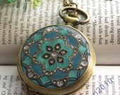 Retro copper round with blue color star flower pattern pocket watch necklace pendant jewelry vintage style