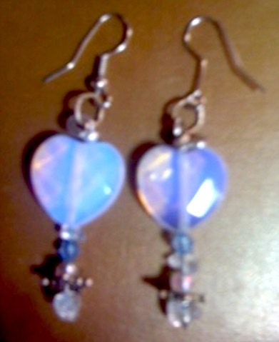 Handcrafted Sterling, Opalite, Crystal, Blue Topaz Heart Earrings with French Hooks