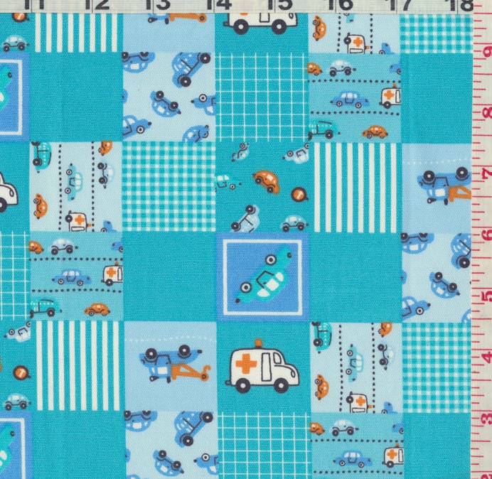 Japanese Fabric: Checkered Cars Blue  - Kawaii FQ