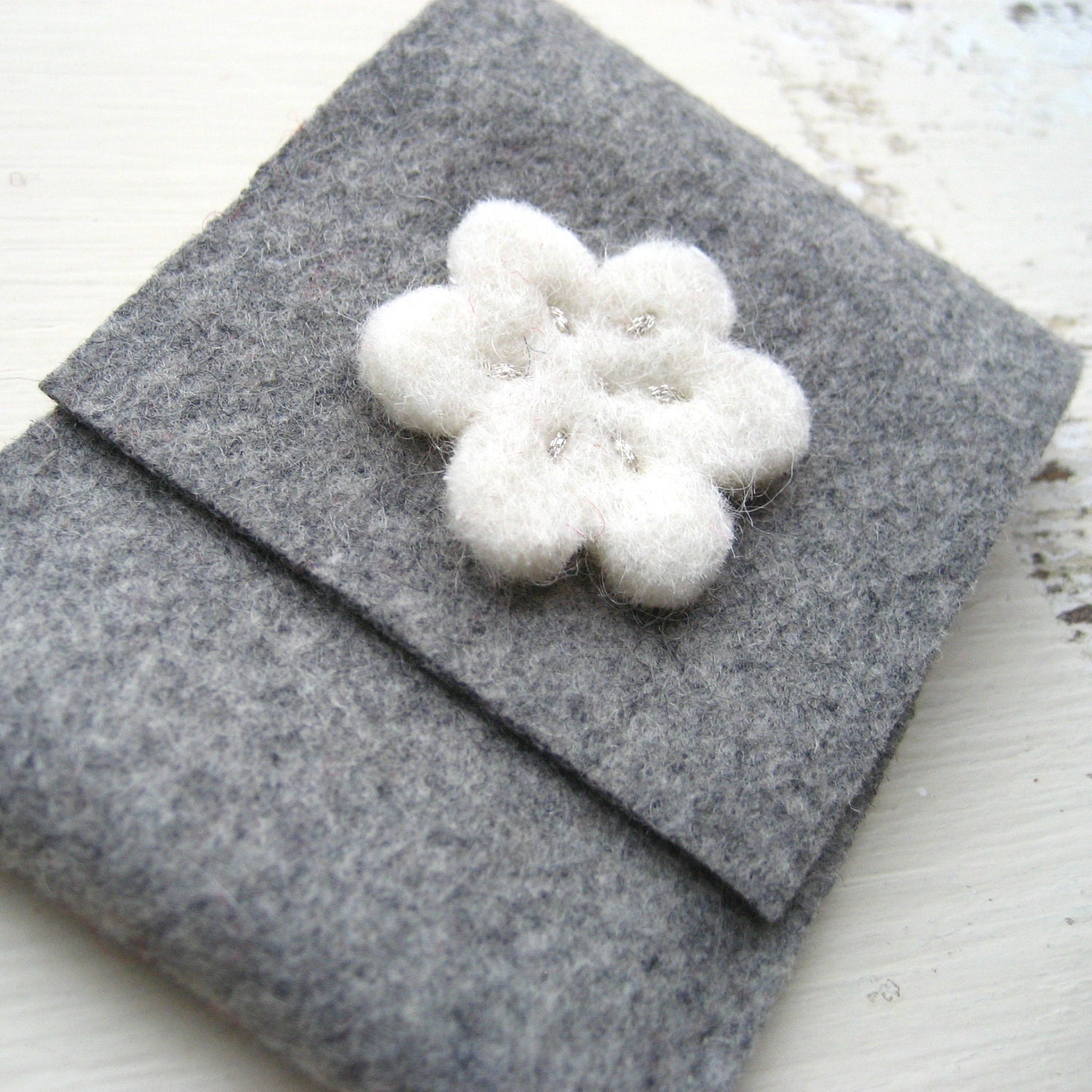 Grey Felt Card Holder/Wallet with White and Silver Flower