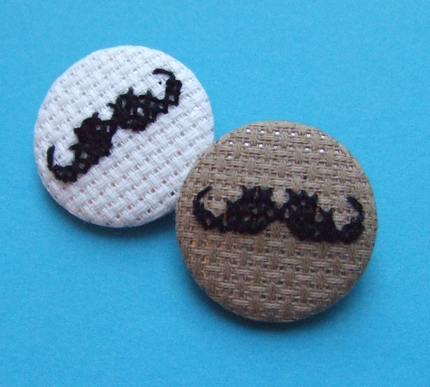 Cross-stitch Moustache Button Badge Available in Cookie Brown or White