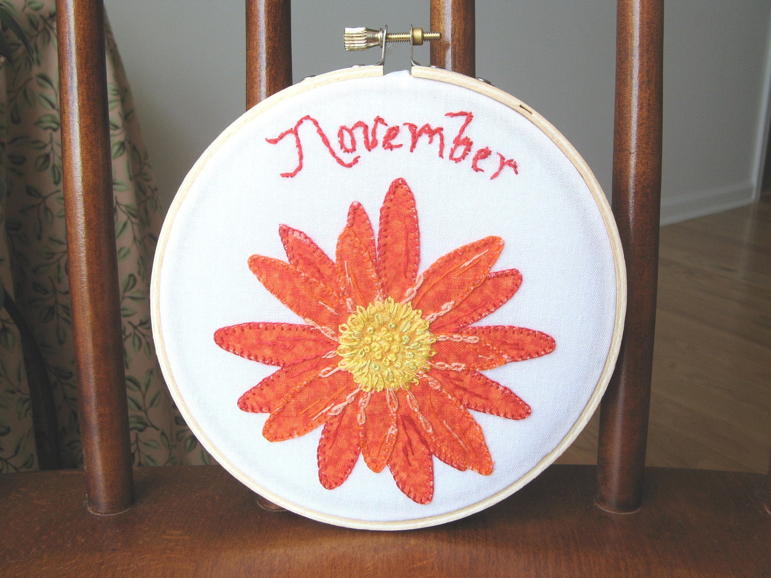 Mum Flower Embroidery Hoop Art Applique Birthday November Orange