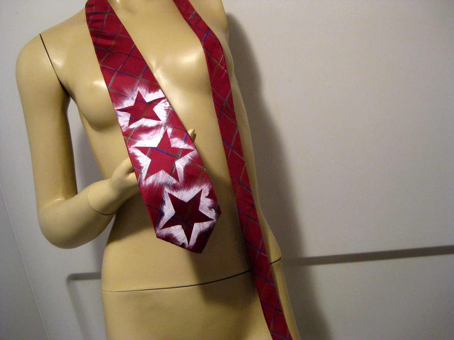 Hand Painted Stars on Red Striped Necktie