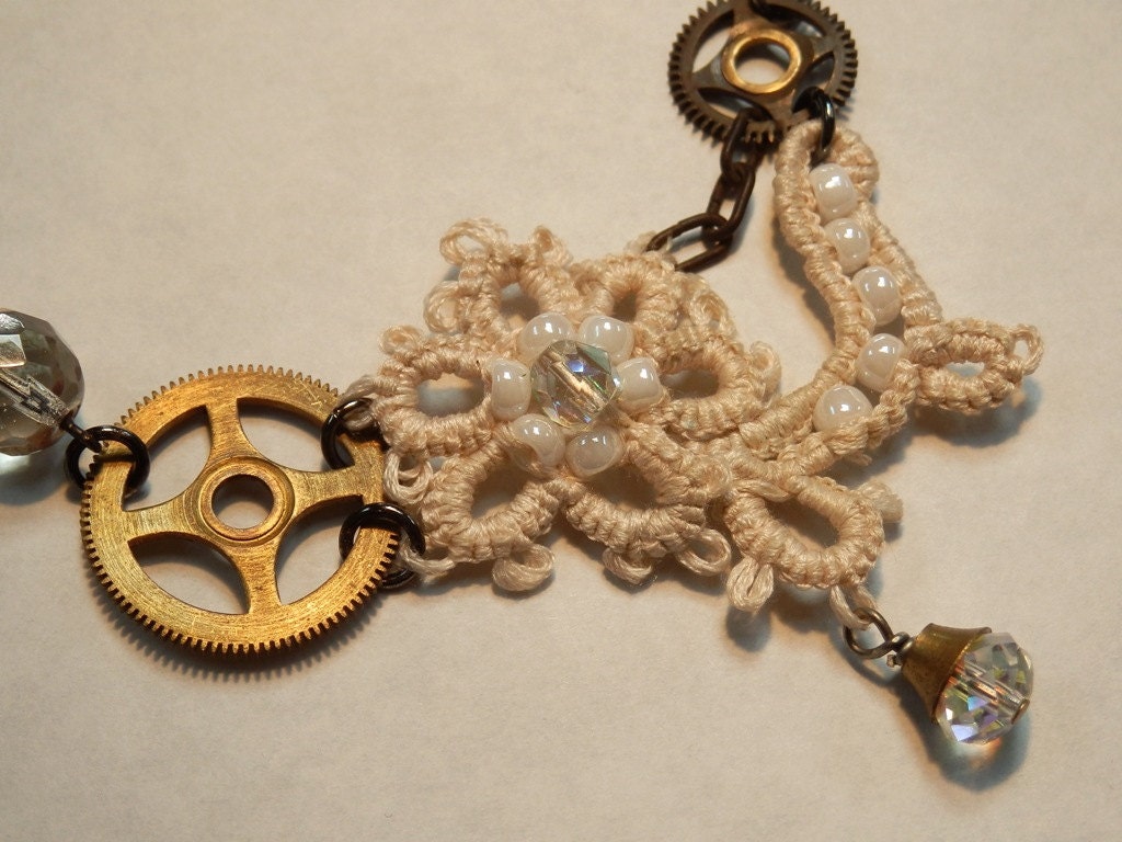 Victorian Hand-Tatted Silk Steampunk Neckace with Recycled Clock Parts
