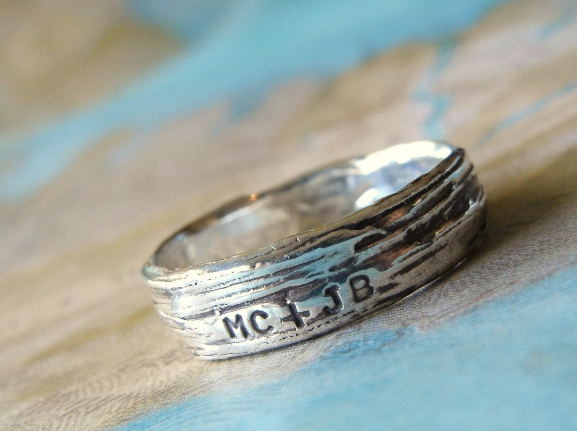 Rustic Bark Ring, Personalized Silver Jewelry, Lover's Ring Initials, Fine Silver Tree Bark, Custom Wedding Band, 5 6 7 8 9 10 11 12 13 14