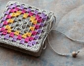 Small Linen Needle Book with Crocheted detail -- Granny Square