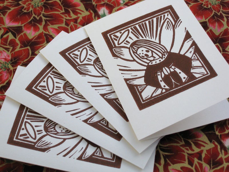 Set of 4 Angel cards, Block print--Brown