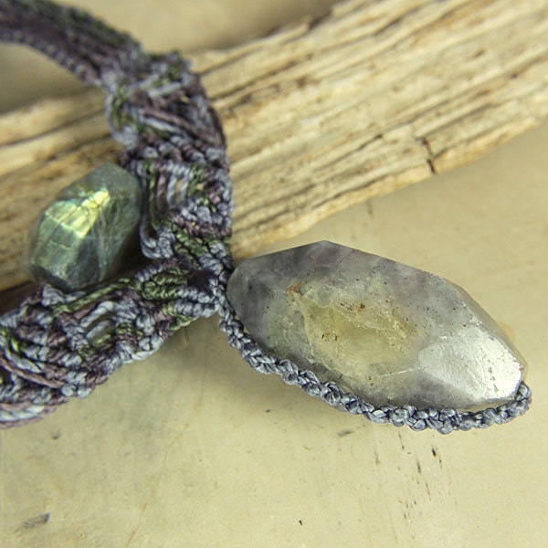 Amethyst Pendant with Labradorite, Crystal Energy Macrame Jewelry