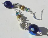 Cobalt Blue Iridescent Chartreuse Green Sexy Dangle Earrings Genuine Pearls Swarovski Crystal & Czech Glass