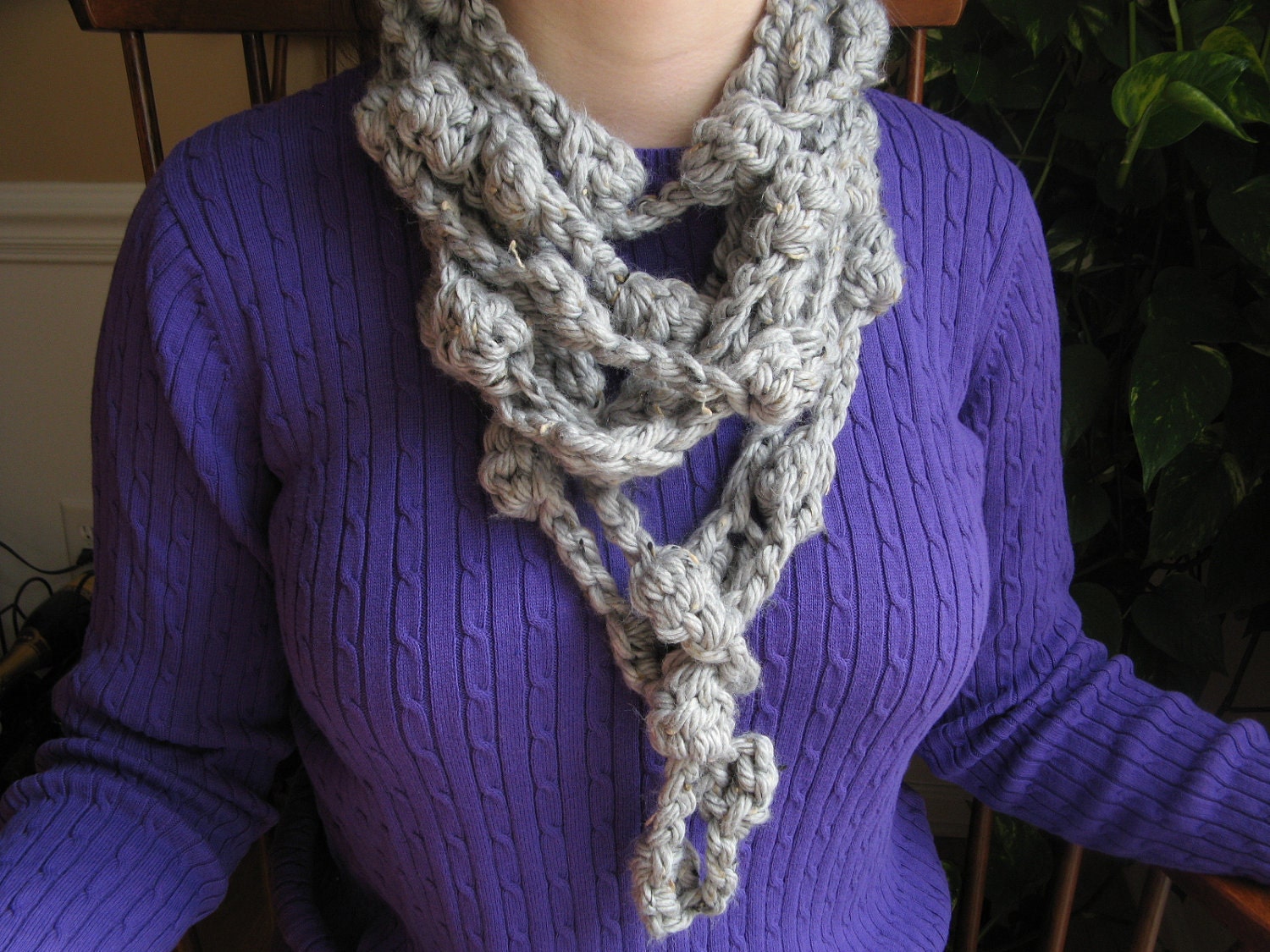 Yarn Crochet Scarf Necklace Gray Tweed Bobble Chunky Over 5 Yards