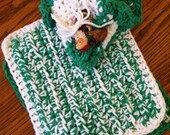 2 Pot holders / Hot pads AND a matching dishcloth - handmade green and white