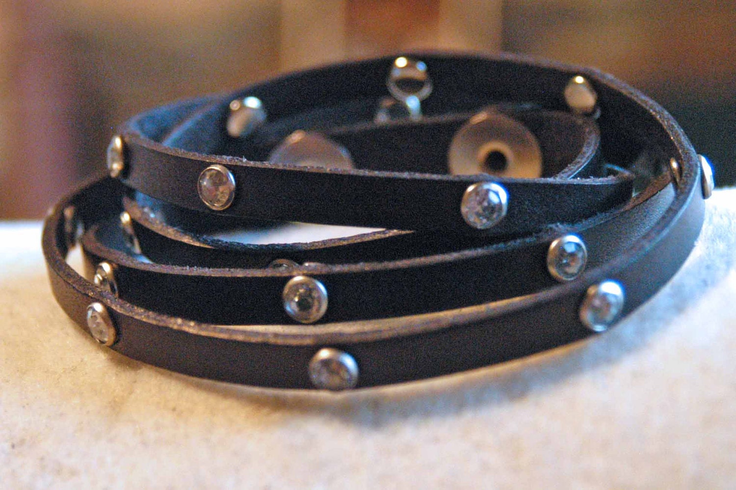 Leather Cuff With Crystal Rivets - Leather Wrap Bracelet By Inspired Jewelry Designs