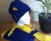 Blue and yellow winterset - hat beanie with flowers, matching fingerless gloves and cozy scarf