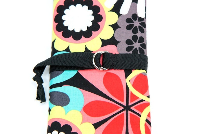 SHORT dpn or circular Knitting Needle Organizer Case - DISCO PARTY - 24 black pockets