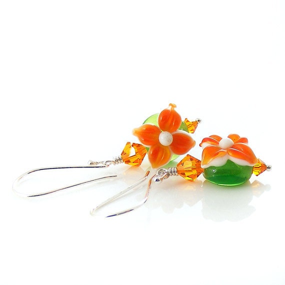 Tangerine Lime Earrings. Handcrafted Sterling Silver, Citrus Orange & Green Lampwork Glass Flowers, OOAK