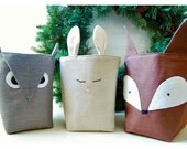Forest Friends Box Fox Owl Bunny Rabbit SET 3 Linen Organizer Weddings decor  Party Storage Embroidery Handmade tagt team Gift Wrap