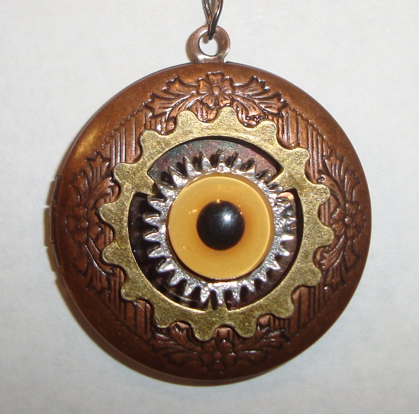 Victorian Steampunk "Time to See the Truth" Glass Eye Industrial Gear Necklace