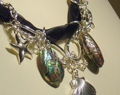 Silver Stars, Shells, Abalone and chains multistrand necklace