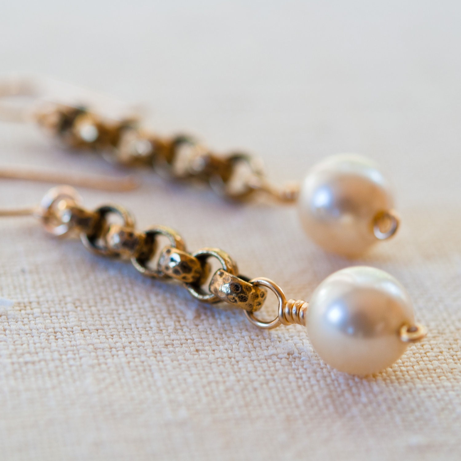 White Pearl Earrings Bridal Earrings Vintage Bronze Chain