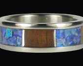 Hawaii Titanium Ring Quarters Hawaiian Koa Wood and Blue Opal Handmade Titanium Ring