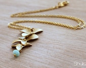 Primavera Orchid Flower Gold Necklace W/ Mint Swarovski Bead
