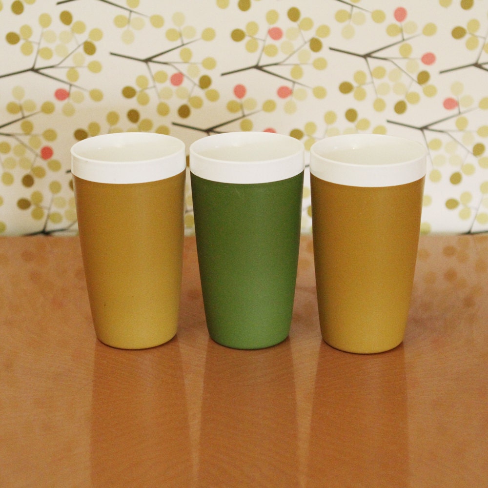 Vintage Plastic Drinking Glasses Therm Ware, Mustard Yellow, Green