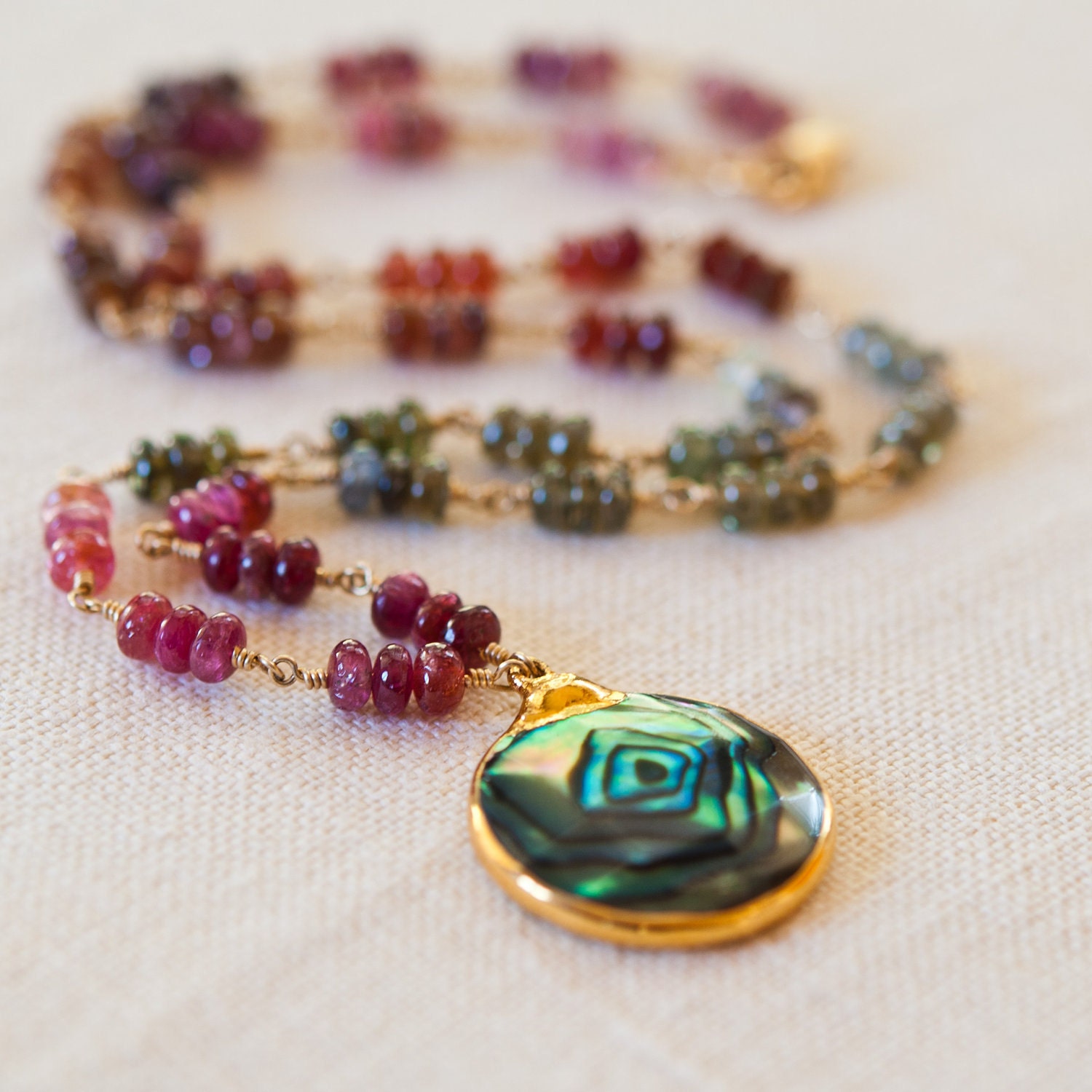 Tourmaline Evil Eye Necklace Paua Shell Pendant 14k Wire Wrapped