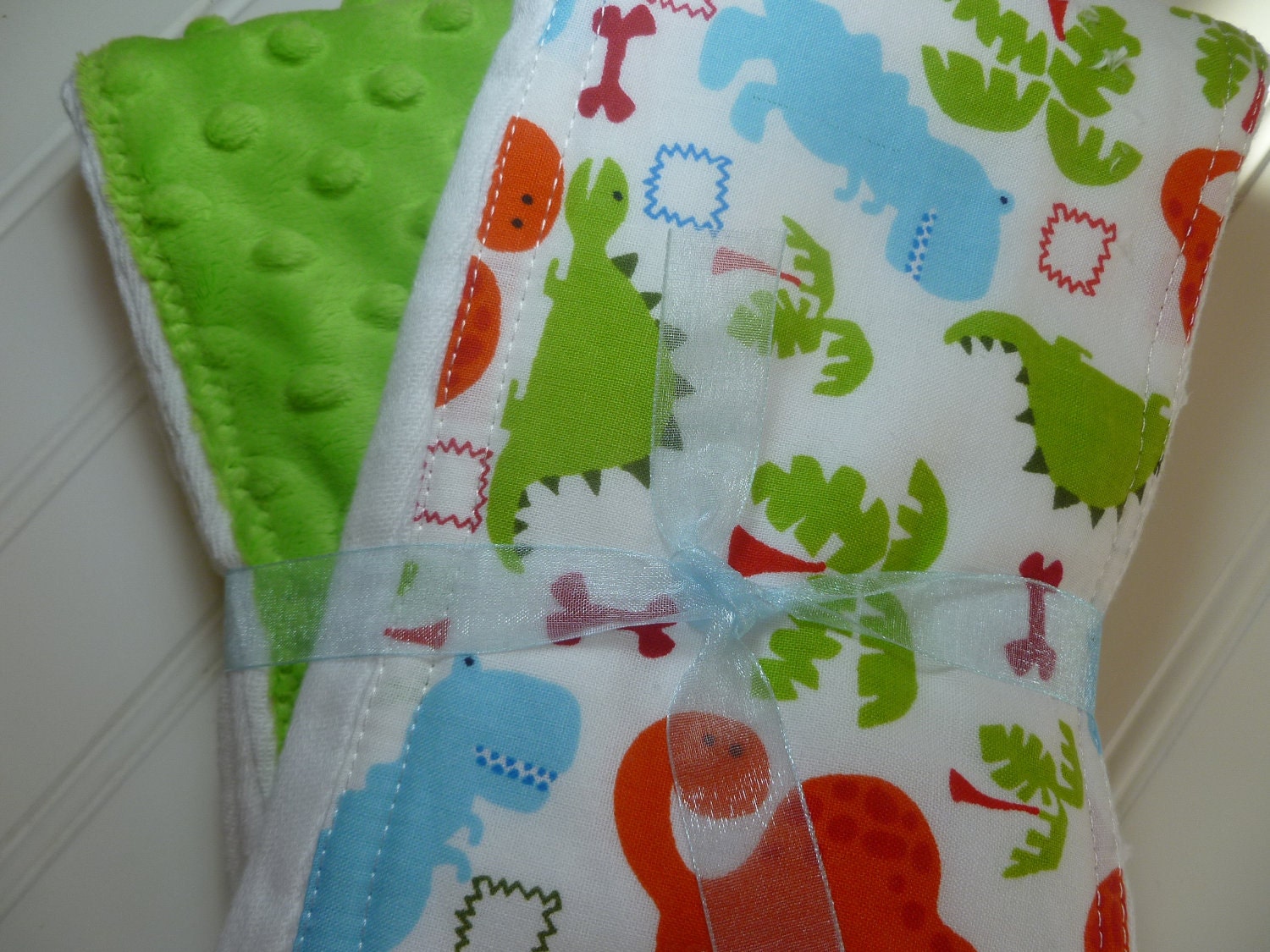 Custom Baby Burp Cloth Set, Handmade, Dinosaurs and Lime Minky