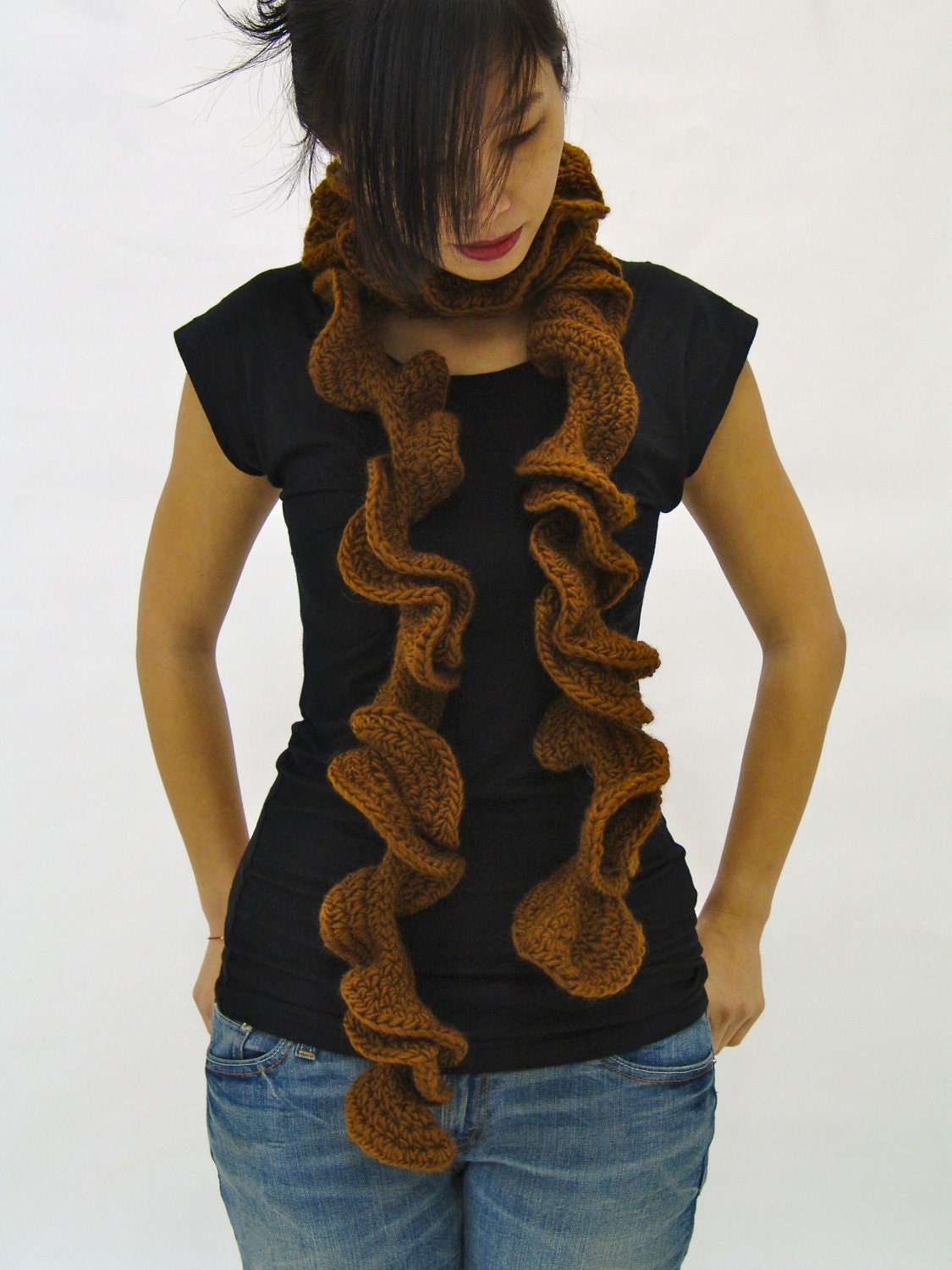 Handmade Brown crochet ruffle scarf