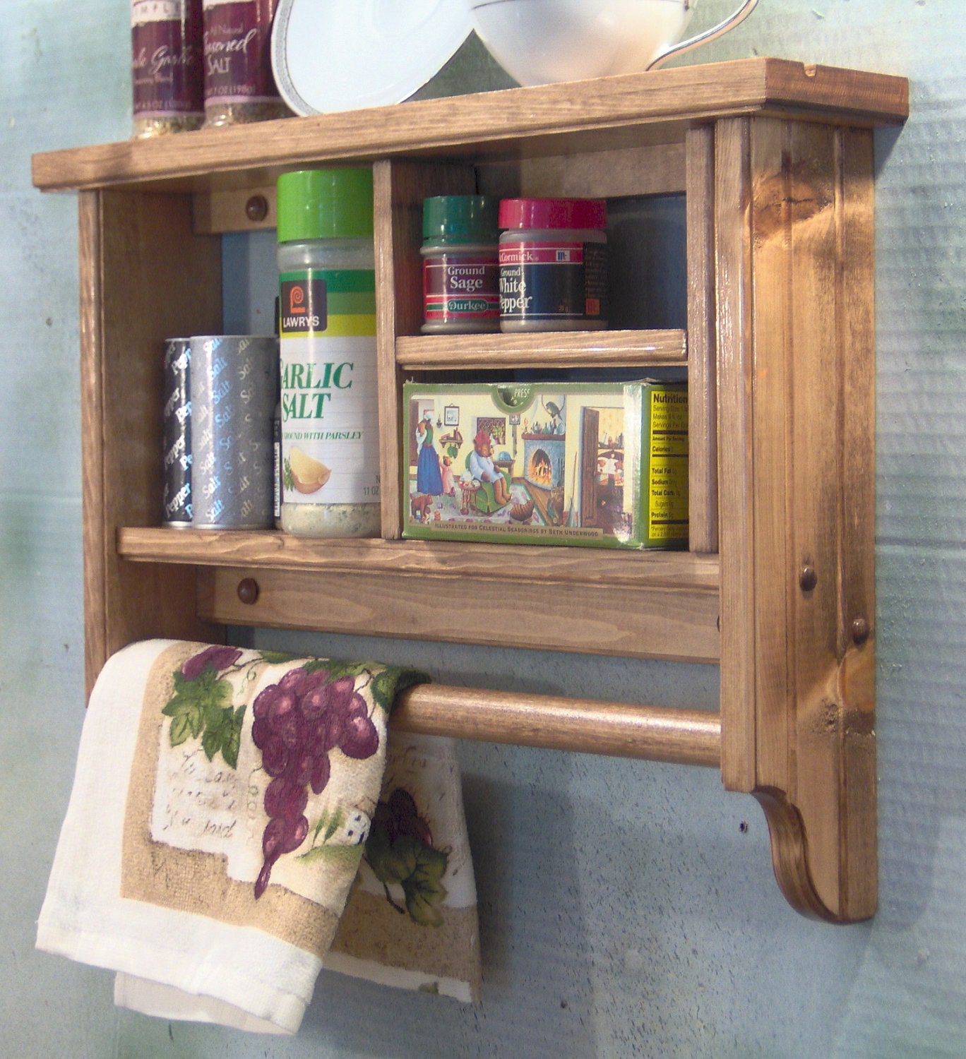 Early American spice rack ,plate,towel bar,wall shelf,wood H