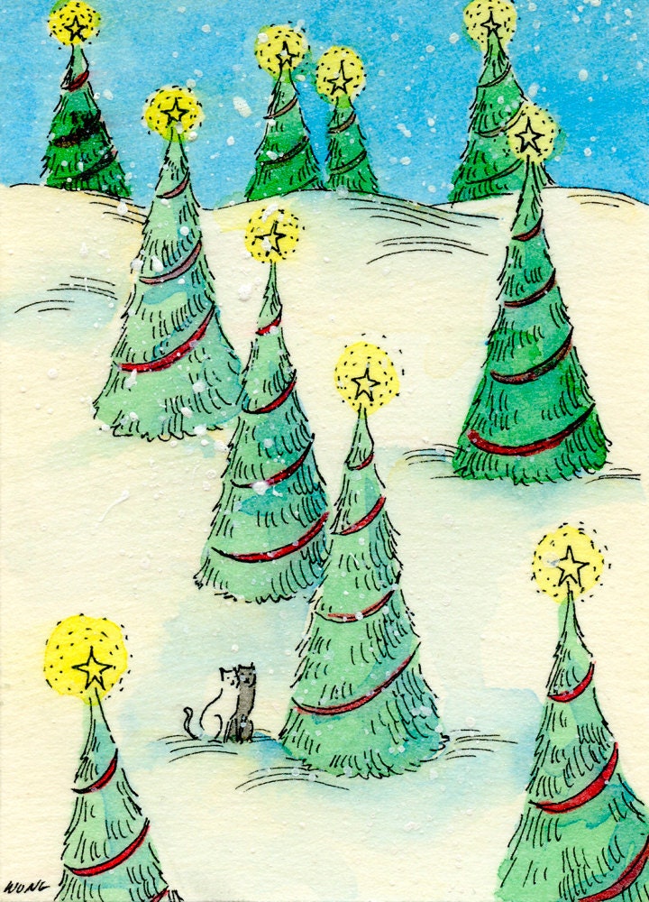 Original ACEO Painting -- Christmas in the woods