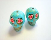 Turquoise Howlite Skull Beads with Red Flower Eyes