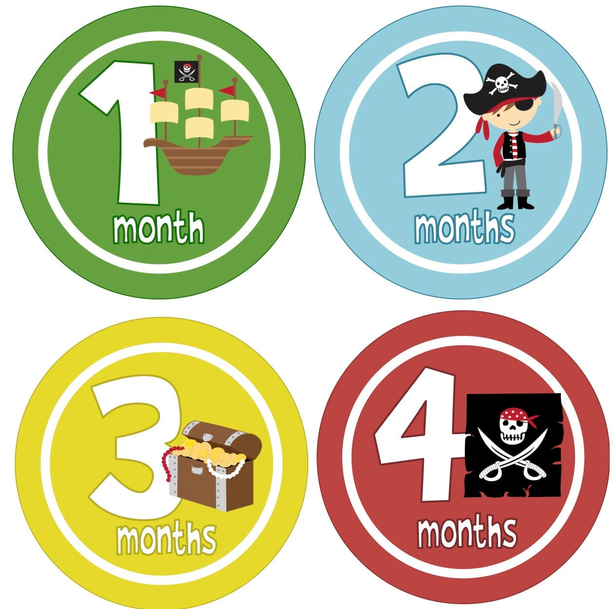 Baby Month Stickers Boy Monthly Onesie Stickers - Primary Blue Green Yellow Red Pirate Month Stickers Baby Shower Gift and Photo Prop Easton