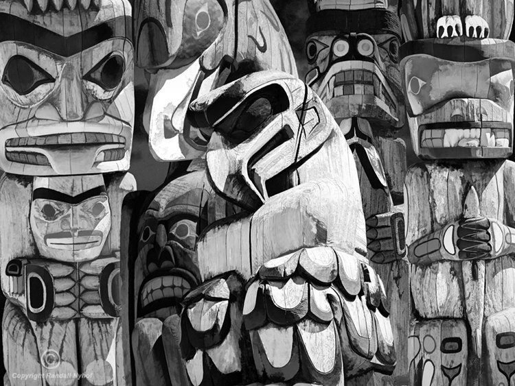 Black and White Photograph, Totem Poles, Vancouver Island, Pacific Northwest, British Columbia