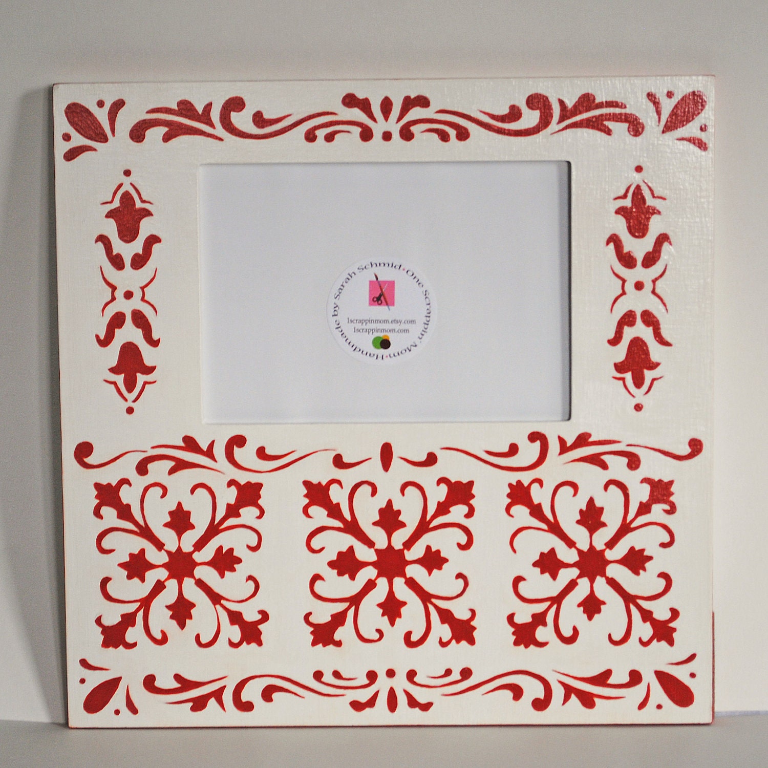 Hand Painted Photo Frame Orange and White Damask