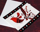Single Flat Notecard - Bird Note Cards - Retro Mod Bird Notecard - Red Black & White Bird Card - Hearts - Flat Notes