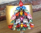 Vintage Christmas Tree Brooch Cuff Multi Color Crystal Rhinestone  Rainbow Jewel Tones