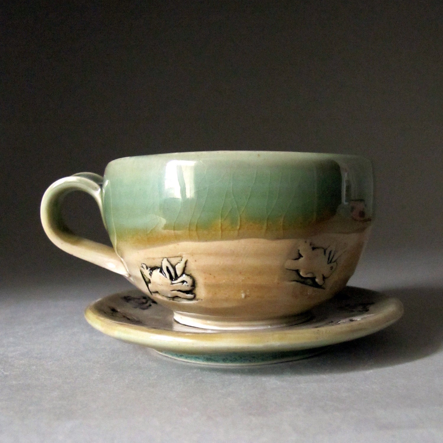 Teacup and Saucer Set: Aesop Fables Tortoise and the Hare Linocut in Green