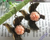 Pretty retro copper dove bird with pink resin flower earrings pendant vintage style