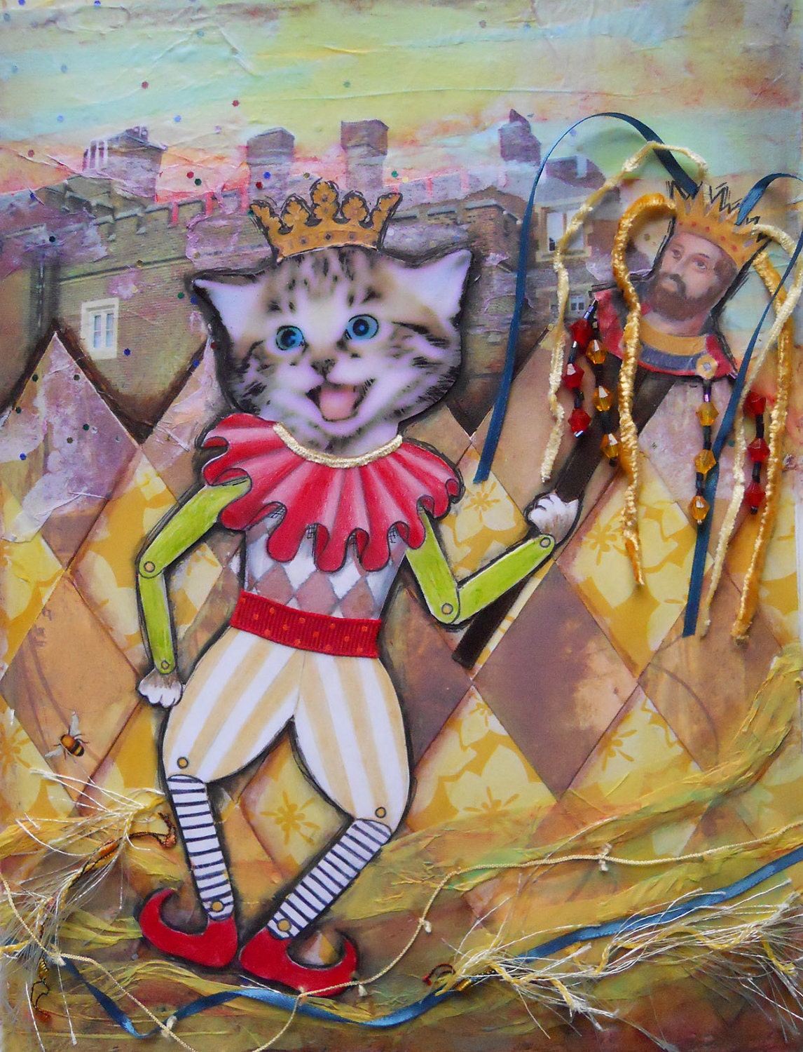 Happy Court Jester - Dancing Cat - Original Mixed Media Art - 8 x 10 Inches