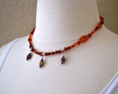 Paper Bead Necklace, Carnelian, Amber  and Sterling Silver
