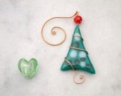 Christmas Tree Ornament Fused Glass Party Favor Handmade OOAK Green teal