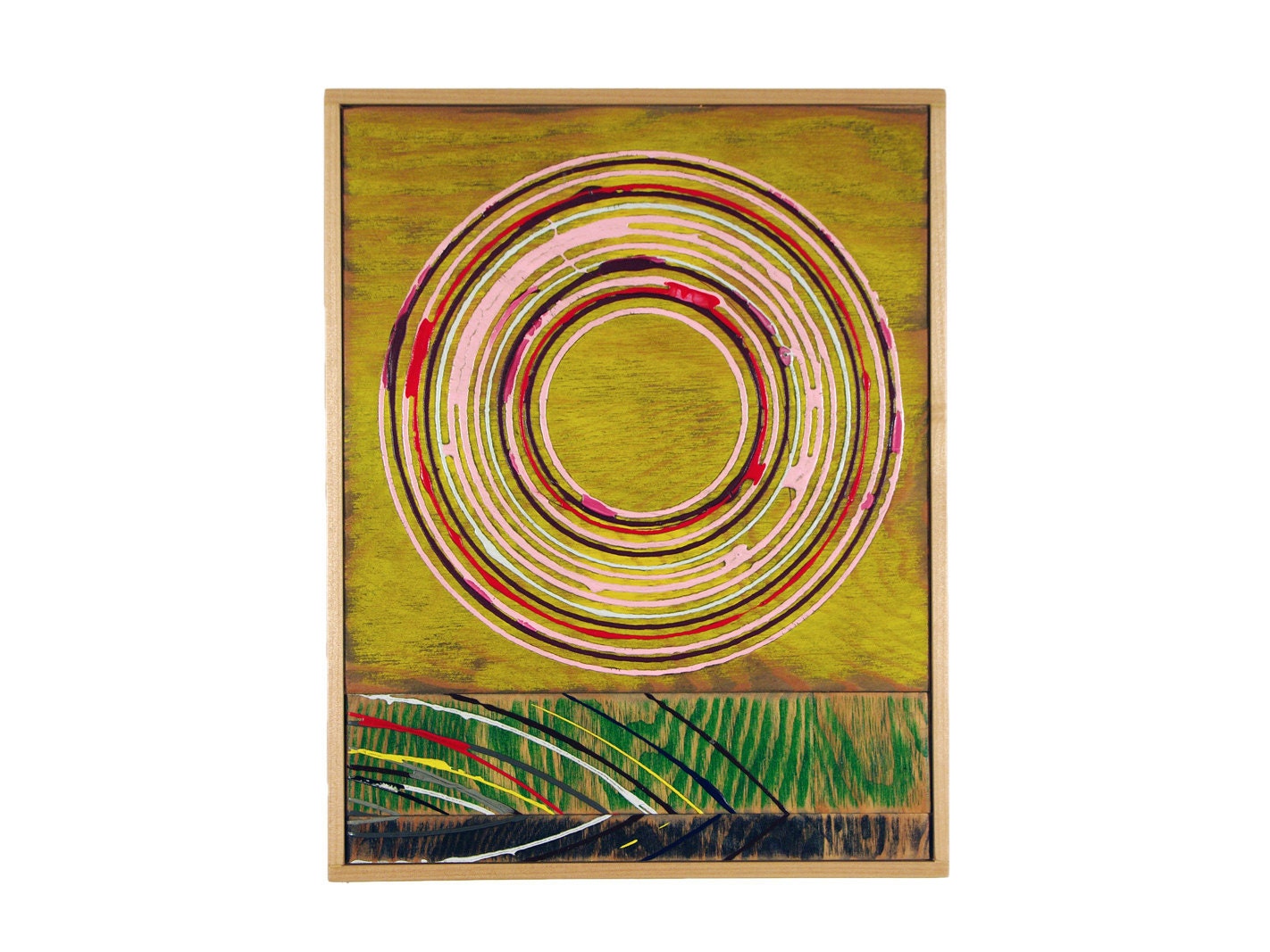 Original Art, Mid Century Modern Rustic Distressed Wood Circles, 16 x 12 assemblage wall sculpture, Yellow