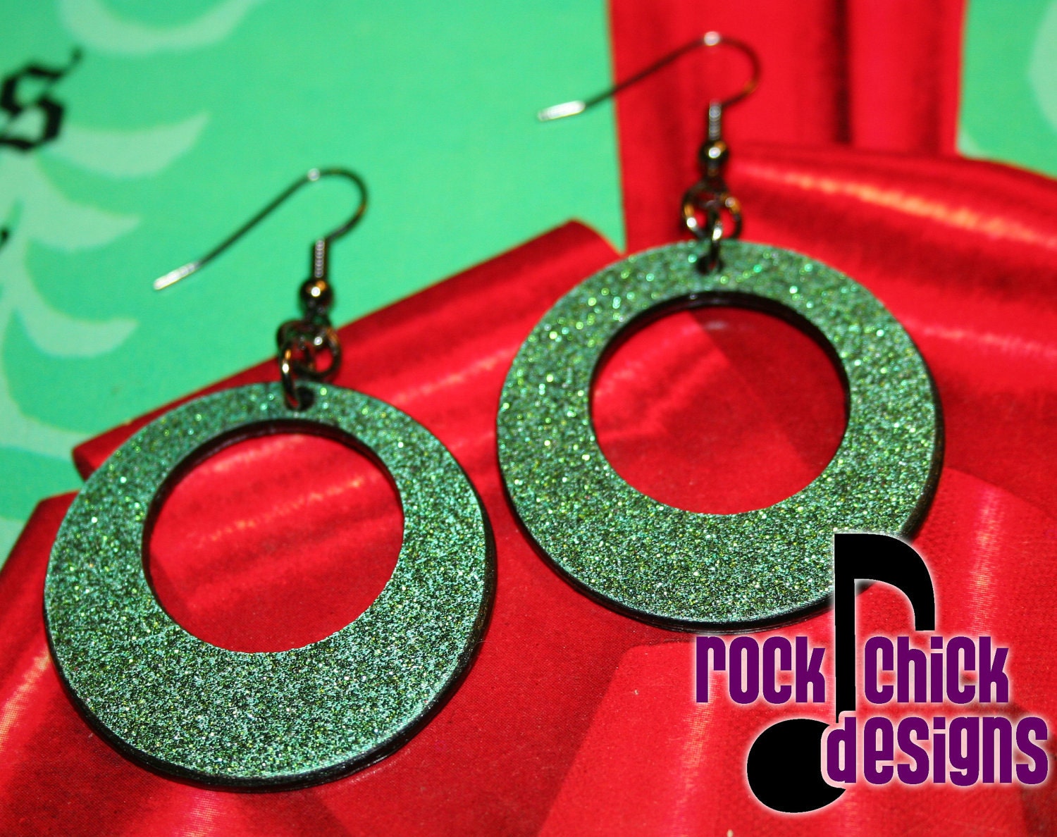 Green Glitter Vinyl Record earrings -- medium