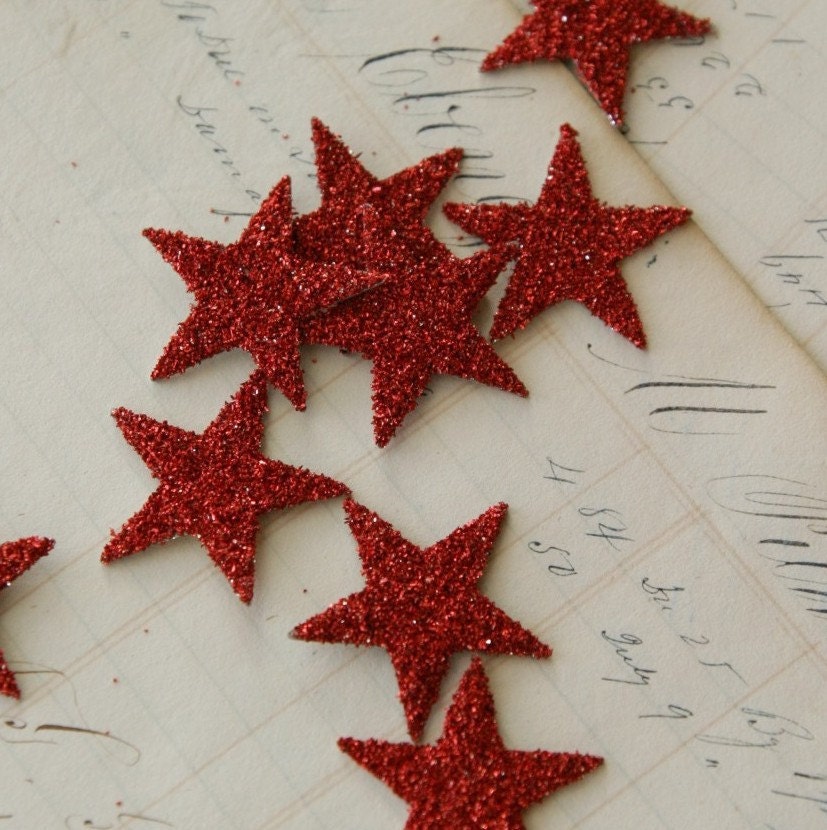TWELVE Glass Glitter Stars R E D